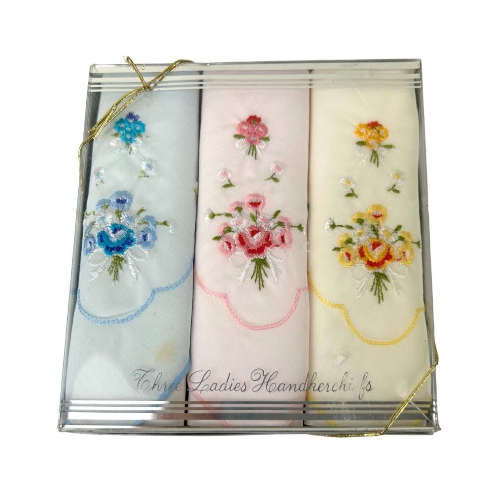 Vintage Embroidered Handkerchiefs Set of 3 Blue Pink Yellow MCM Cotton READ